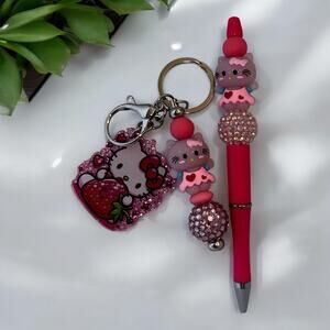 Hello Kitty Handmade Beaded Ballpoint Pen & Matching Keychain